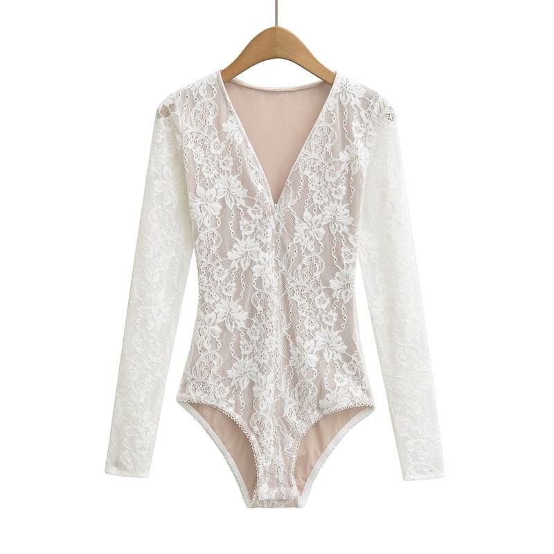 Lace Bodysuit V-Neck Long Sleeve