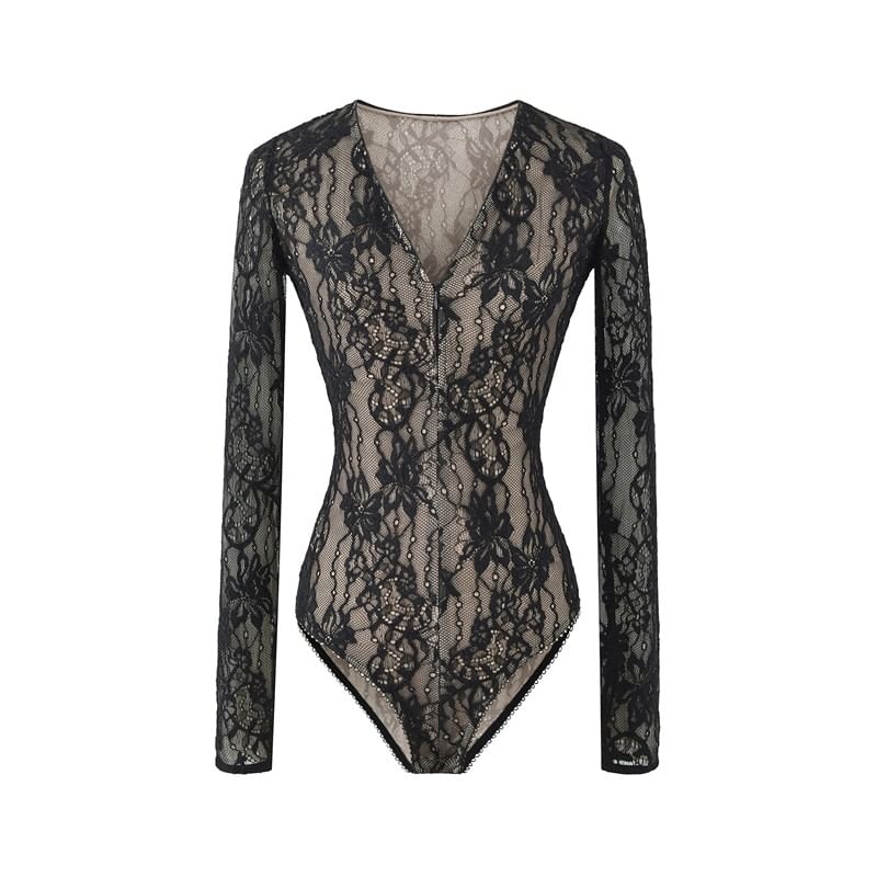 Lace Bodysuit V-Neck Long Sleeve