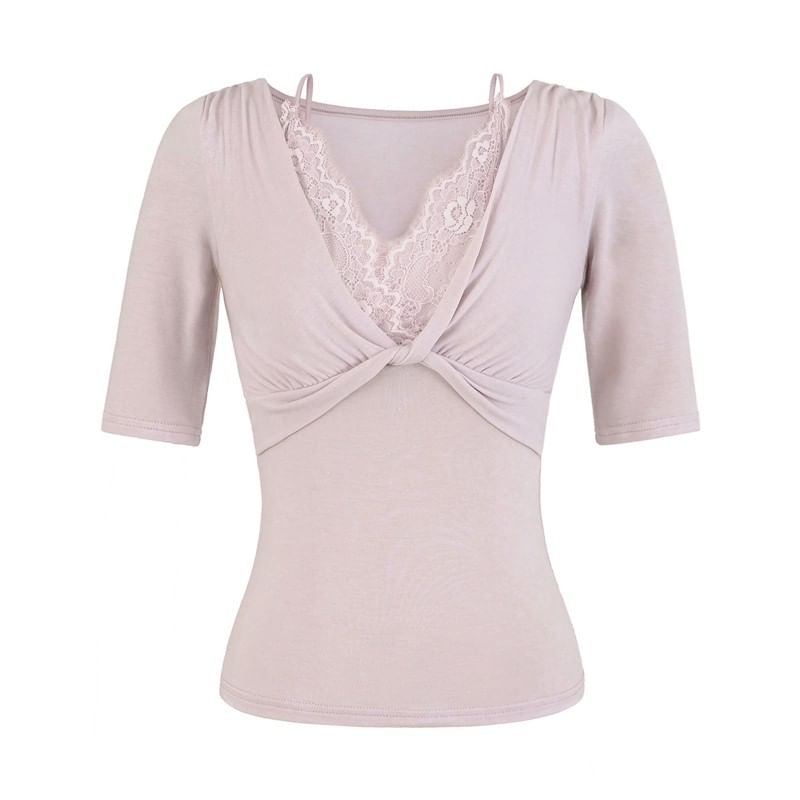 Lace Trim V-Neck Tee Elbow Sleeve
