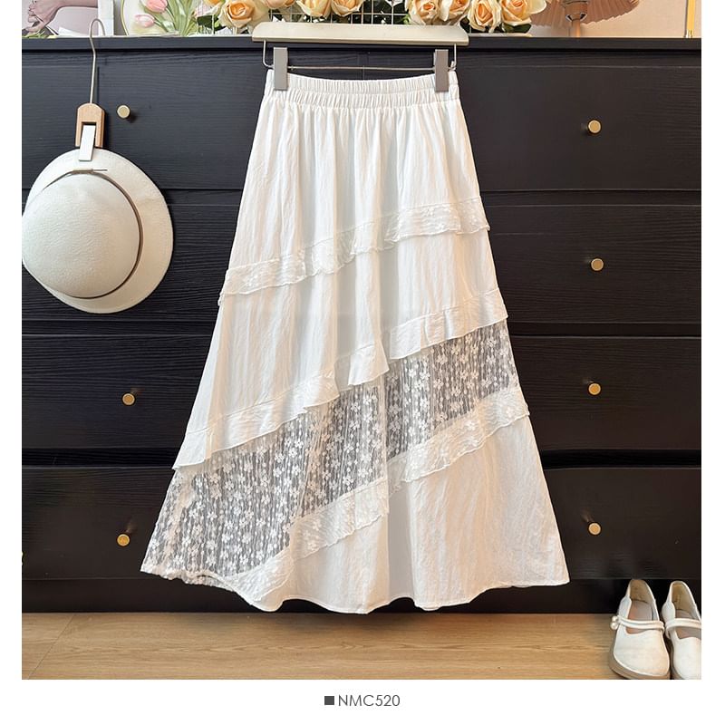 Tiered Maxi A-Line Skirt with Lace Panels