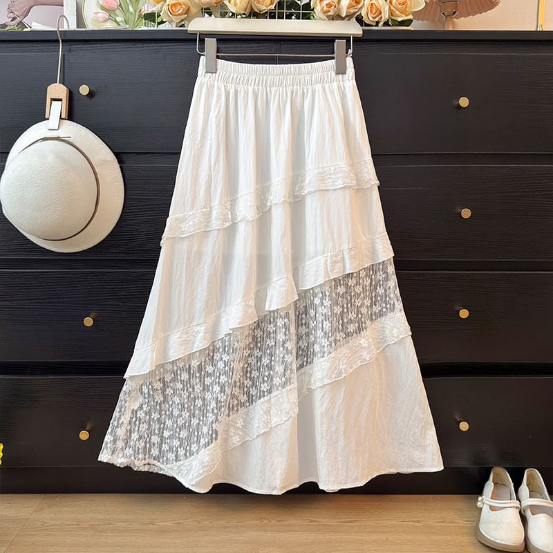 Tiered Maxi A-Line Skirt with Lace Panels