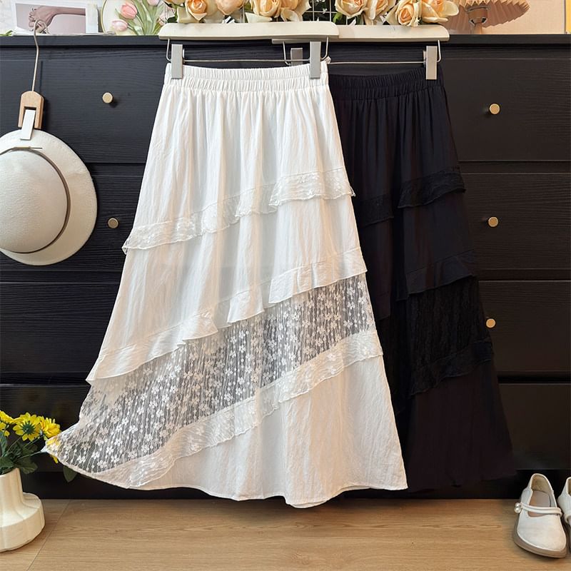 Tiered Maxi A-Line Skirt with Lace Panels