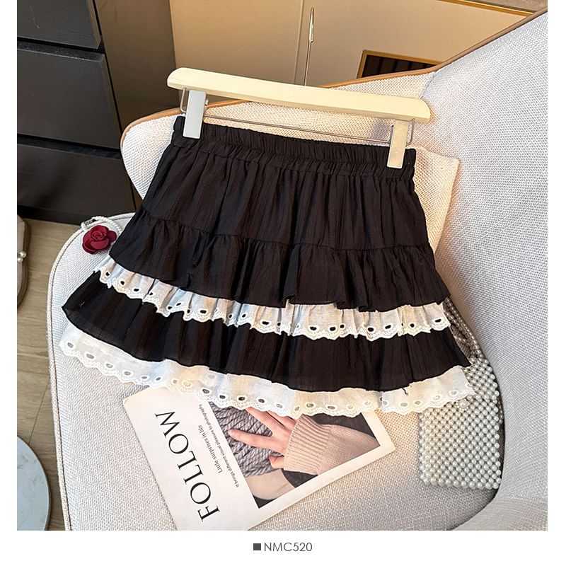 Lace-Trimmed Tiered Mini Skirt