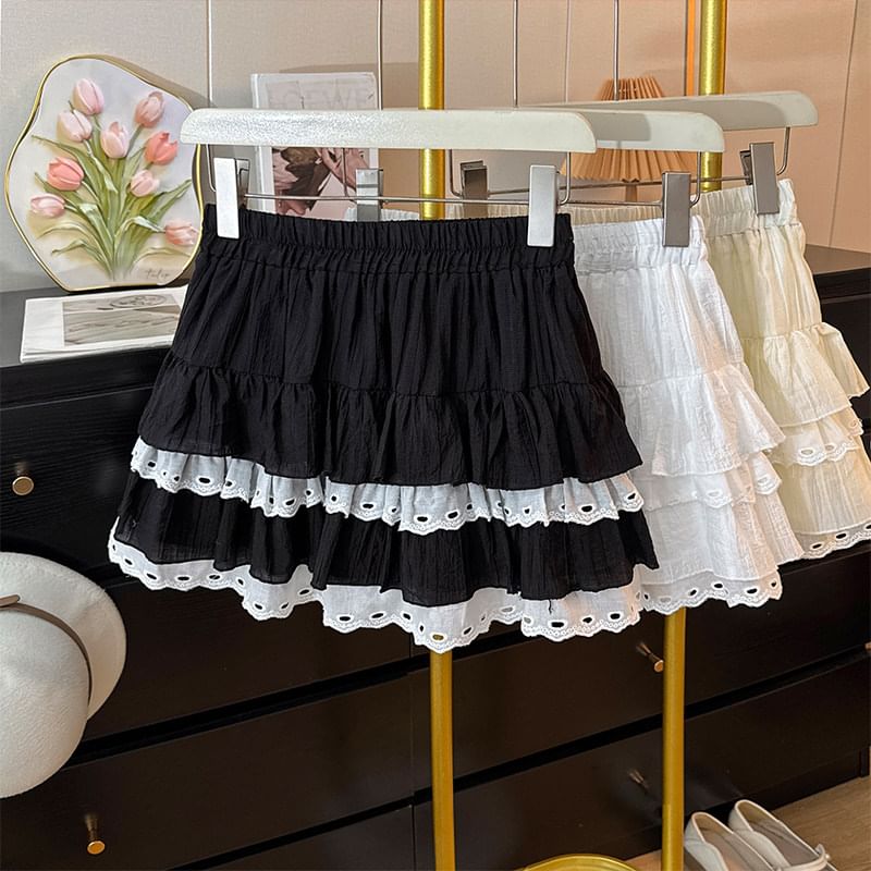 Lace-Trimmed Tiered Mini Skirt