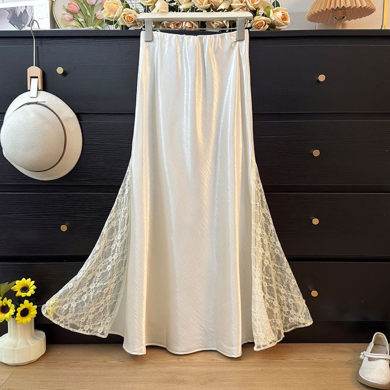 Satin Fishtail Pencil Skirt with Lace Panels