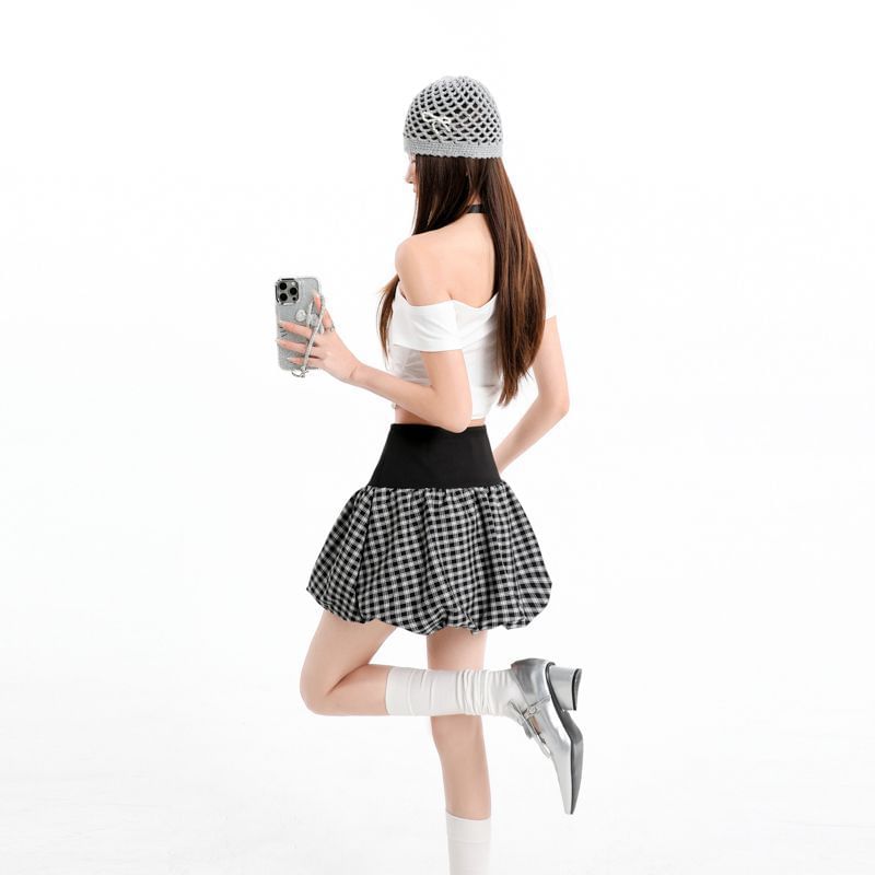 Plaid Bubble A-Line Skirt - High Waist Mini