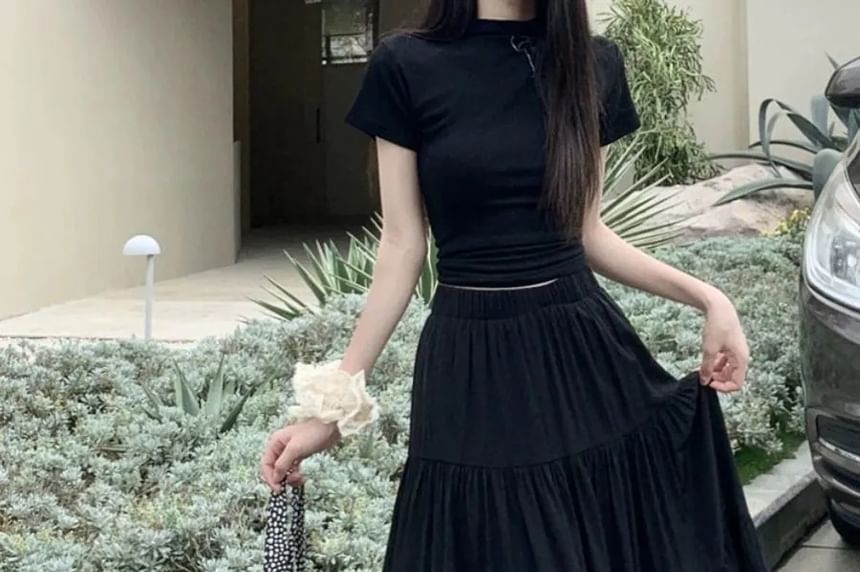 Tiered Maxi A-Line Skirt - High Waist Plain