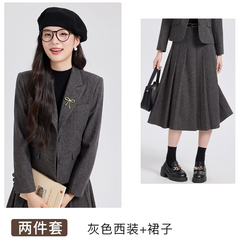 Herringbone Blazer and Pleated Midi Skirt Set