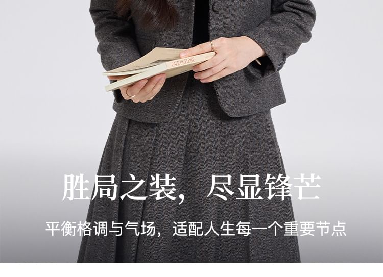 Herringbone Blazer and Pleated Midi Skirt Set