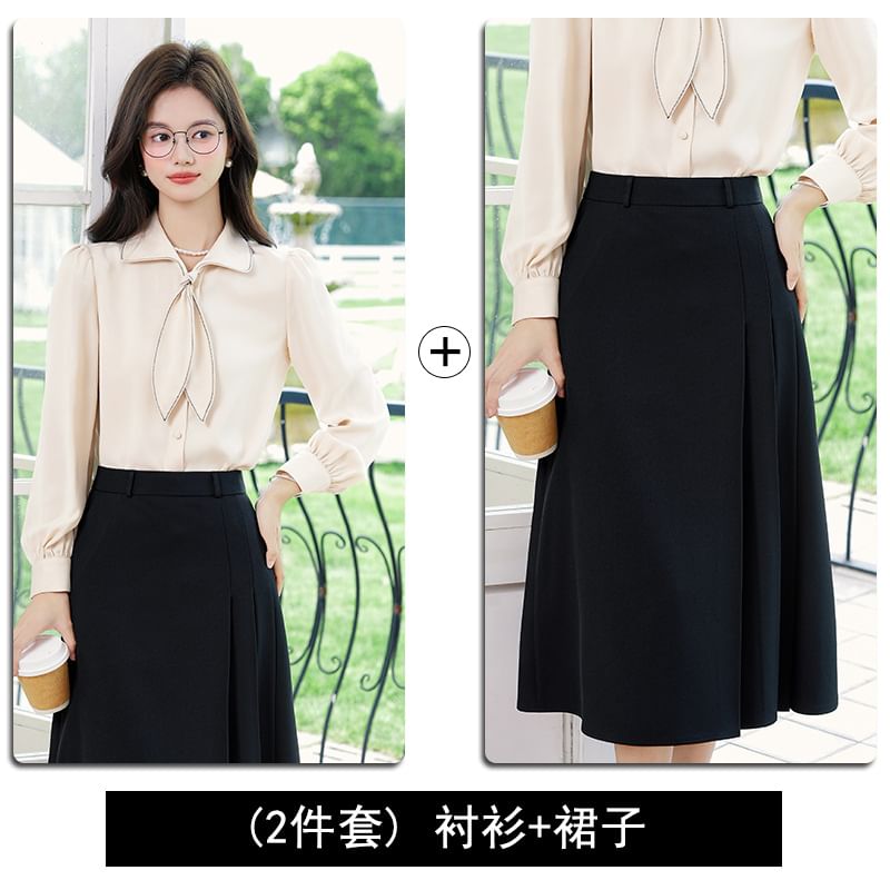Collared Blouse and Pleated Midi Skirt Set