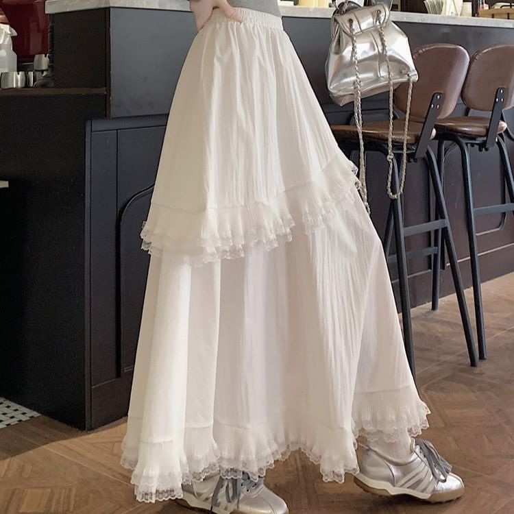 Ruffle-Trimmed Lace Maxi A-Line Skirt
