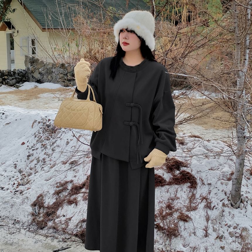 Fluffy Trim Sweatshirt and Midi Skirt Set