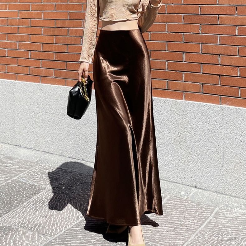 Satin Maxi Mermaid Skirt - High Waist Plain
