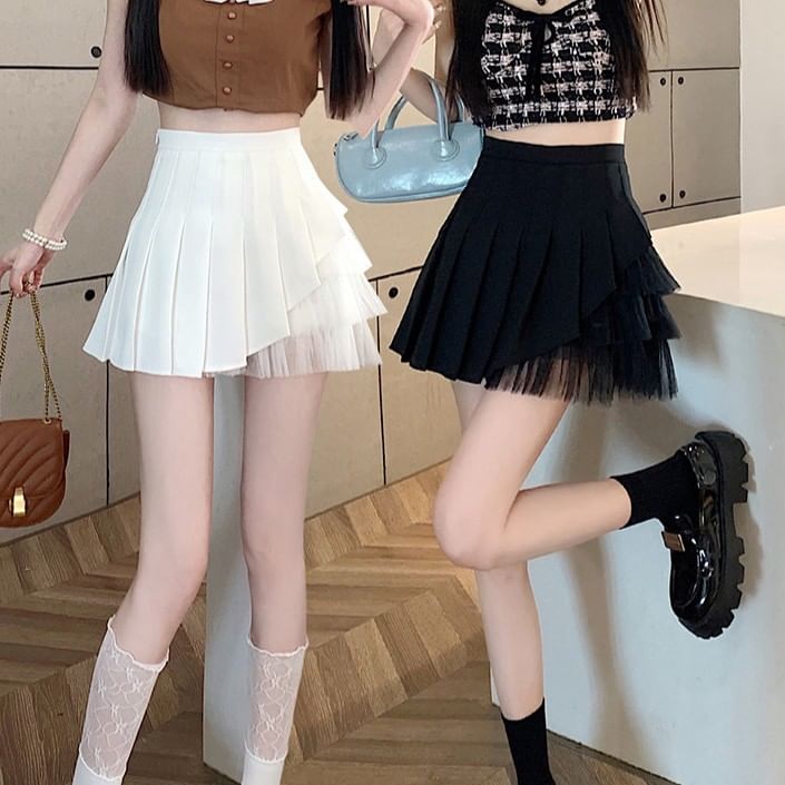 Mesh Panel Pleated Mini A-Line Skirt