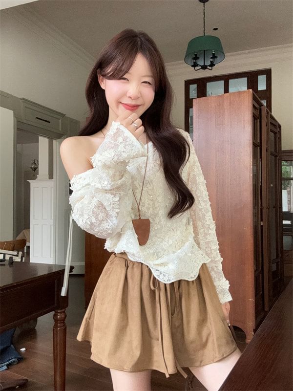 One Shoulder Lace Top & Mini A-Line Skirt