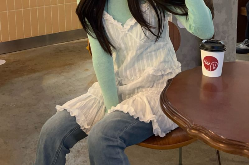 Long-Sleeve Crew Neck Plain Knit Top / Spaghetti Strap V-Neck Frill Trim Mini Overall Dress