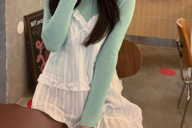 Long-Sleeve Crew Neck Plain Knit Top / Spaghetti Strap V-Neck Frill Trim Mini Overall Dress