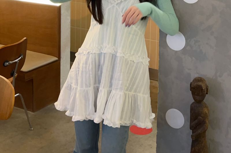 Long-Sleeve Crew Neck Plain Knit Top / Spaghetti Strap V-Neck Frill Trim Mini Overall Dress