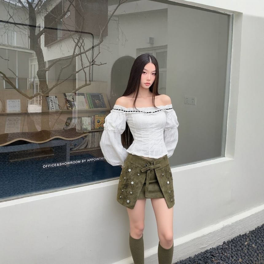 Off-Shoulder Top and Studded Mini Skirt Set