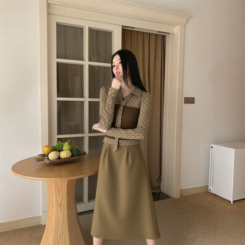 Polka Dot Collared Top and Midi A-Line Skirt Set