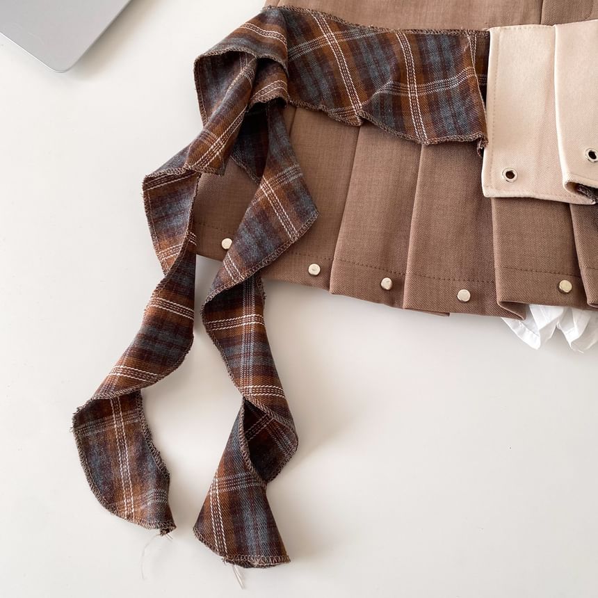 Plaid Panel Mini Pleated Skirt