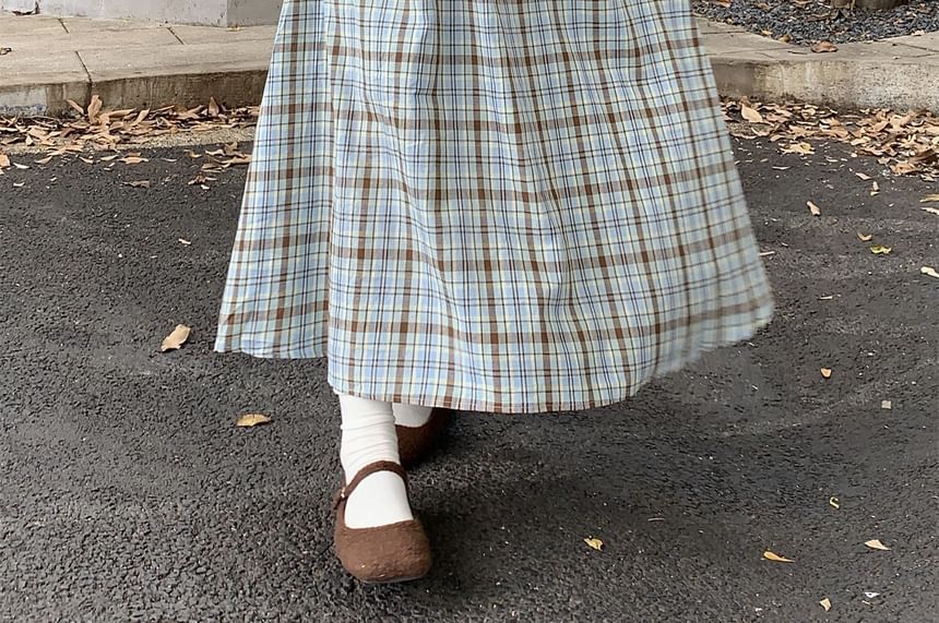 Spaghetti Strap Plaid Midi A-Line Dress / Scoop Neck Button-Up Plain Crop Cardigan