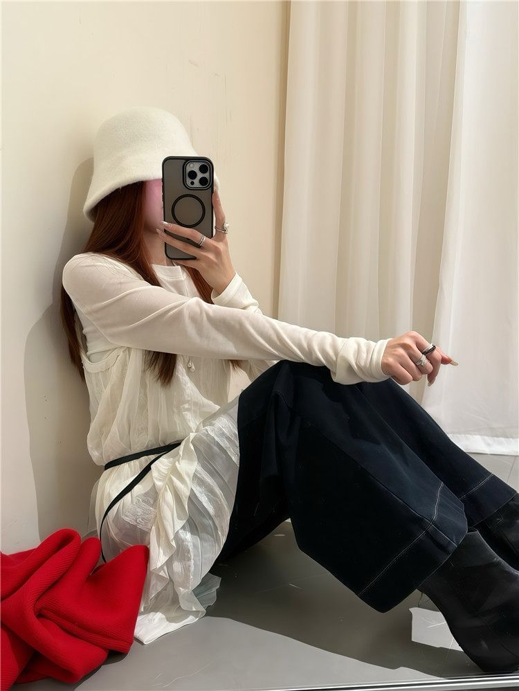 Set: Long-Sleeve Crew Neck Plain Sheer T-Shirt + Spaghetti Strap Scoop Neck Lace Panel Mini Overall Dress