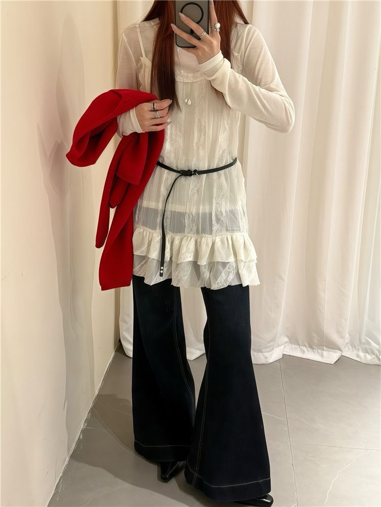 Set: Long-Sleeve Crew Neck Plain Sheer T-Shirt + Spaghetti Strap Scoop Neck Lace Panel Mini Overall Dress