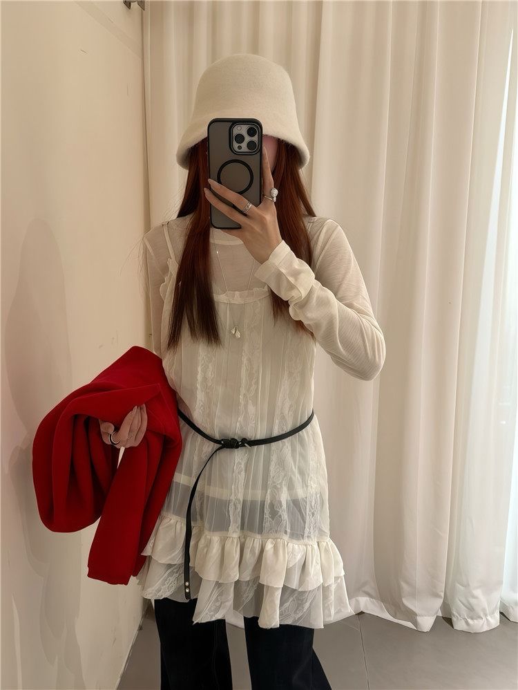 Set: Long-Sleeve Crew Neck Plain Sheer T-Shirt + Spaghetti Strap Scoop Neck Lace Panel Mini Overall Dress