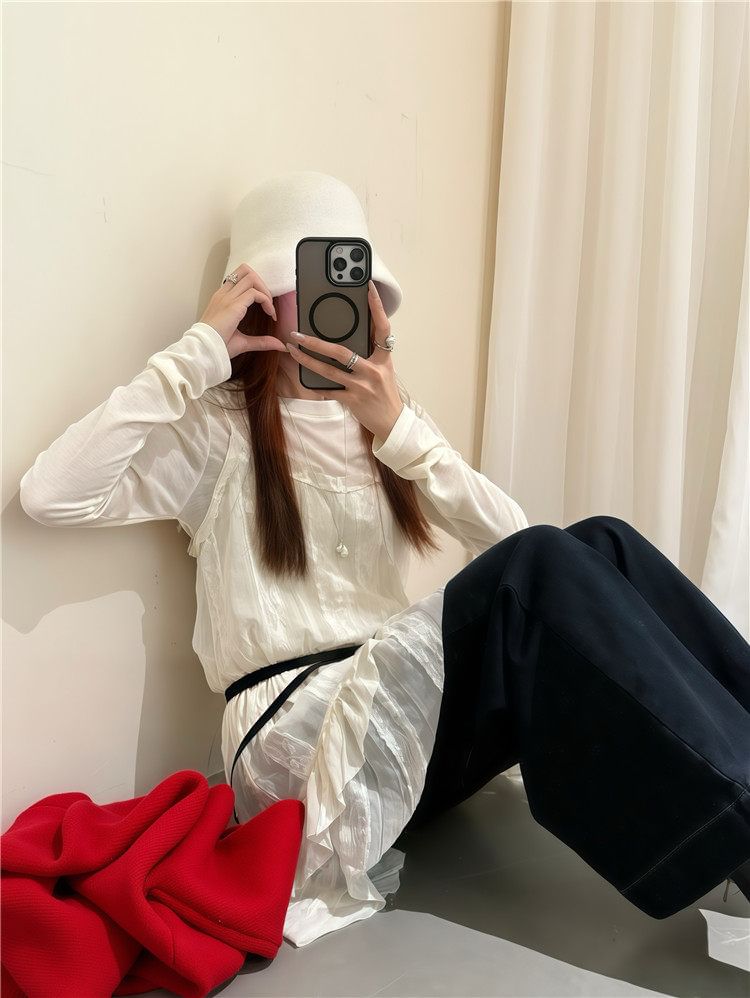 Set: Long-Sleeve Crew Neck Plain Sheer T-Shirt + Spaghetti Strap Scoop Neck Lace Panel Mini Overall Dress