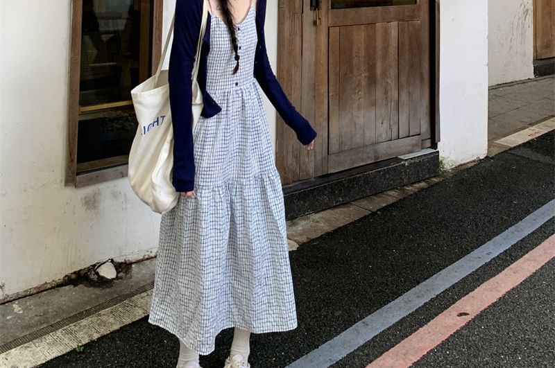 Spaghetti Strap Scoop Neck Plaid Midi A-Line Dress / Plain Crop Cardigan