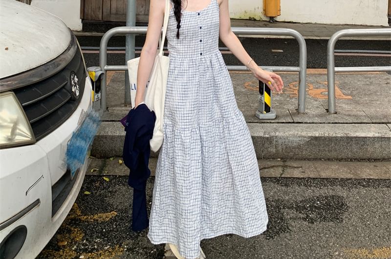 Spaghetti Strap Scoop Neck Plaid Midi A-Line Dress / Plain Crop Cardigan