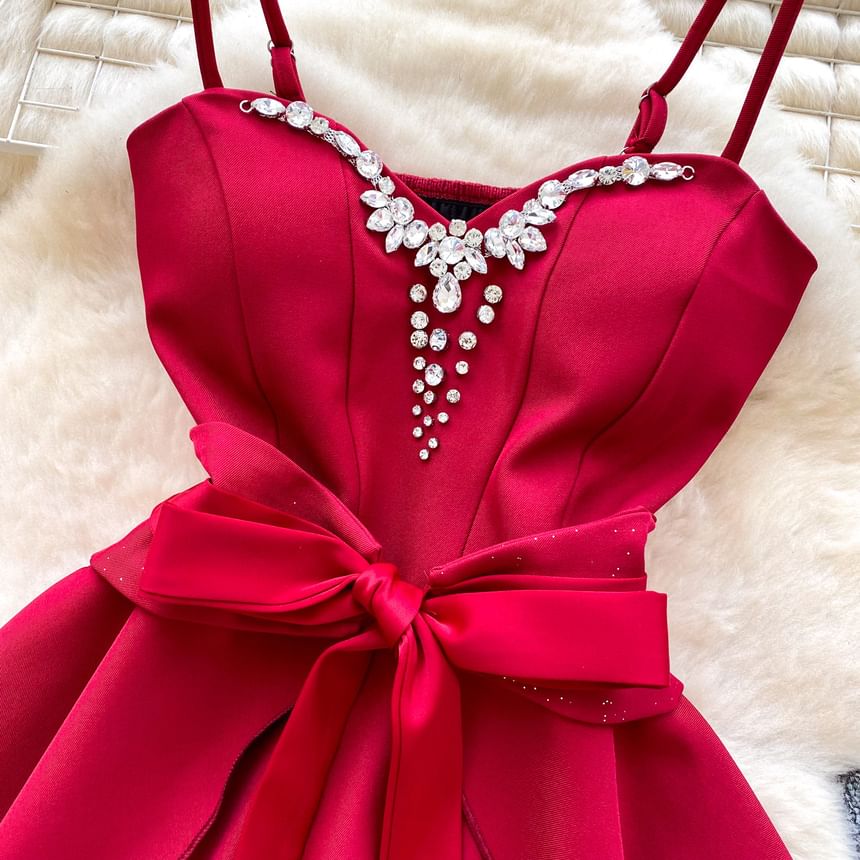 Spaghetti Strap V-Neck Rhinestone Tie Waist Mini A-Line Dress