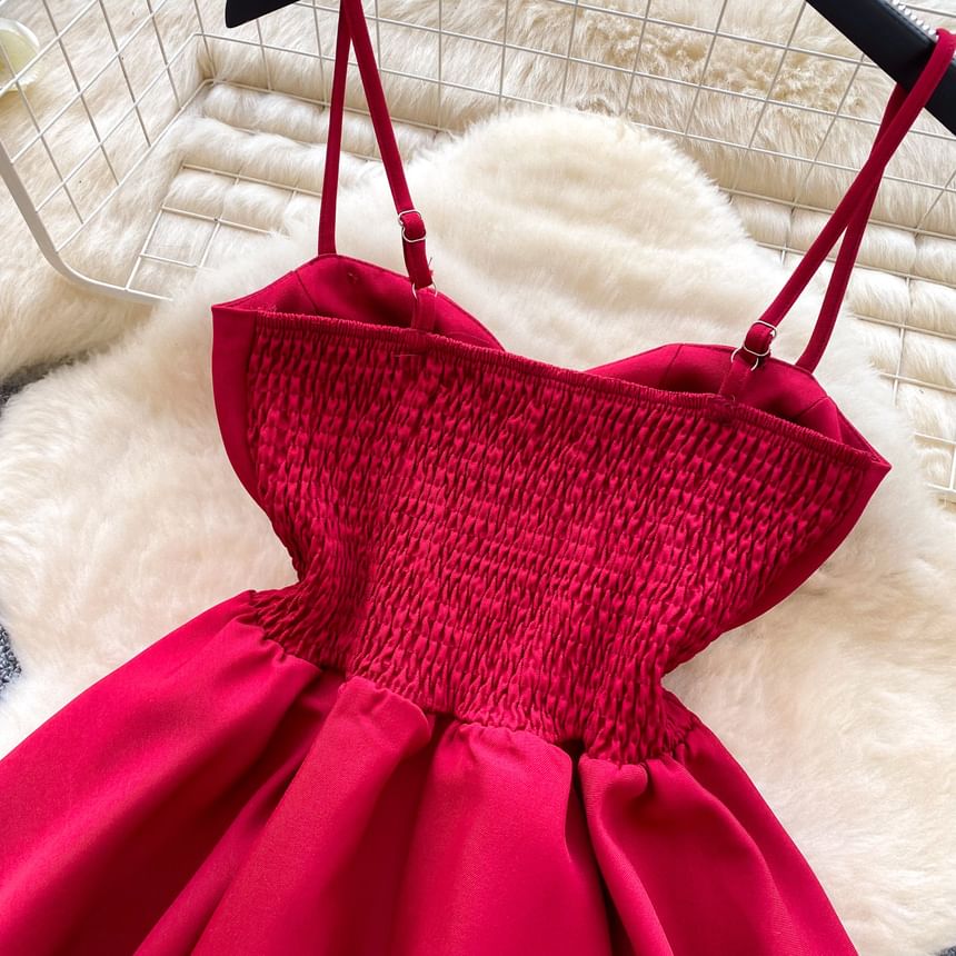 Spaghetti Strap V-Neck Rhinestone Tie Waist Mini A-Line Dress