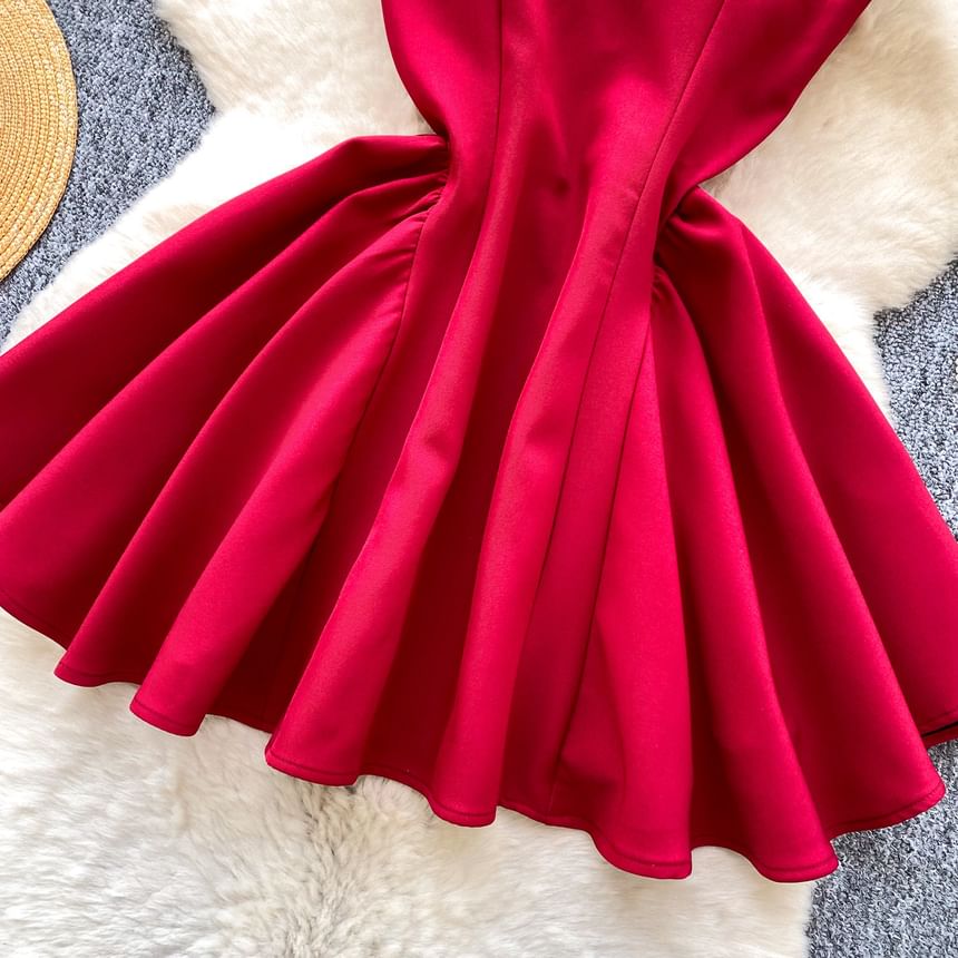 Spaghetti Strap Square Neck Plain Faux Pearl Mini A-Line Dress