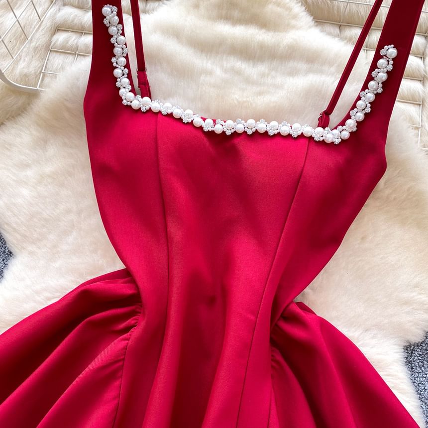 Spaghetti Strap Square Neck Plain Faux Pearl Mini A-Line Dress
