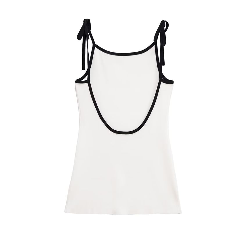 Tie Shoulder Contrast Trim Backless Knit Mini A-Line Dress
