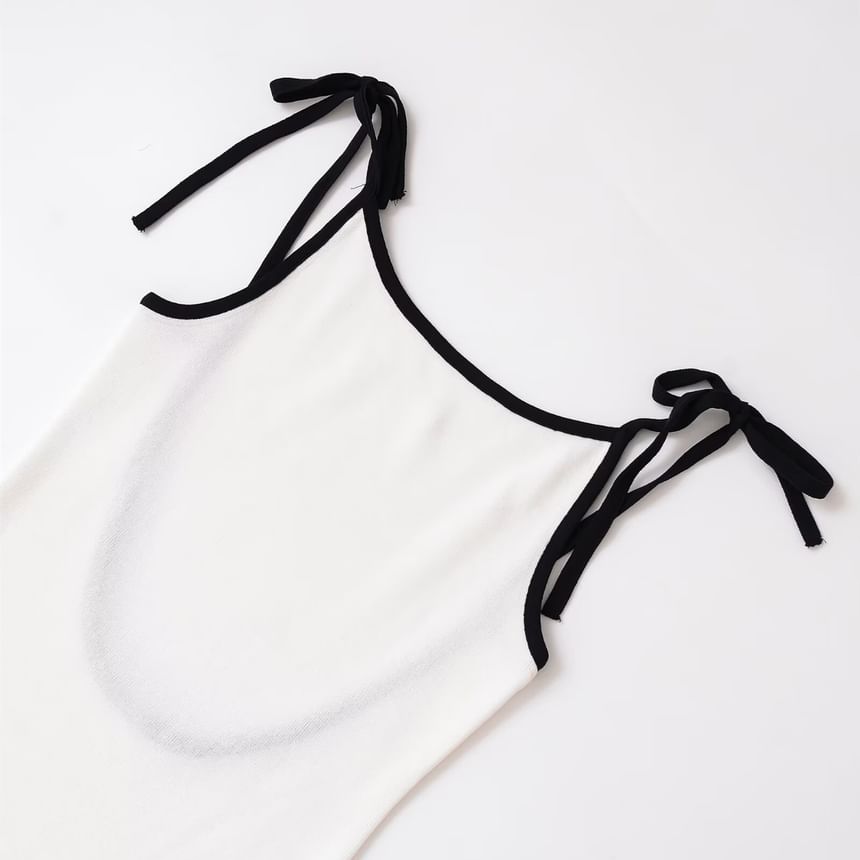 Tie Shoulder Contrast Trim Backless Knit Mini A-Line Dress