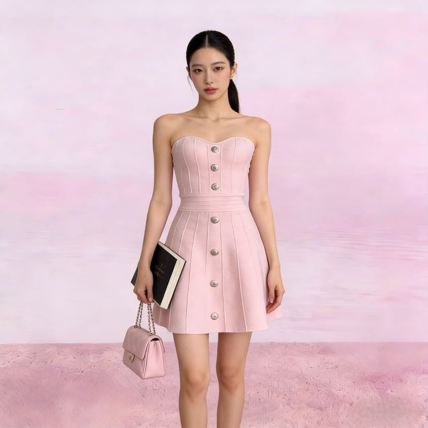 Set: Strapless Button Detail Mini A-Line Knit Dress + Button-Up Cardigan