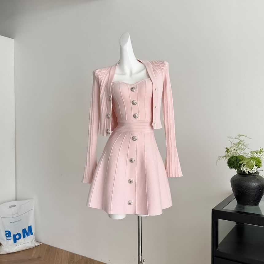 Set: Strapless Button Detail Mini A-Line Knit Dress + Button-Up Cardigan