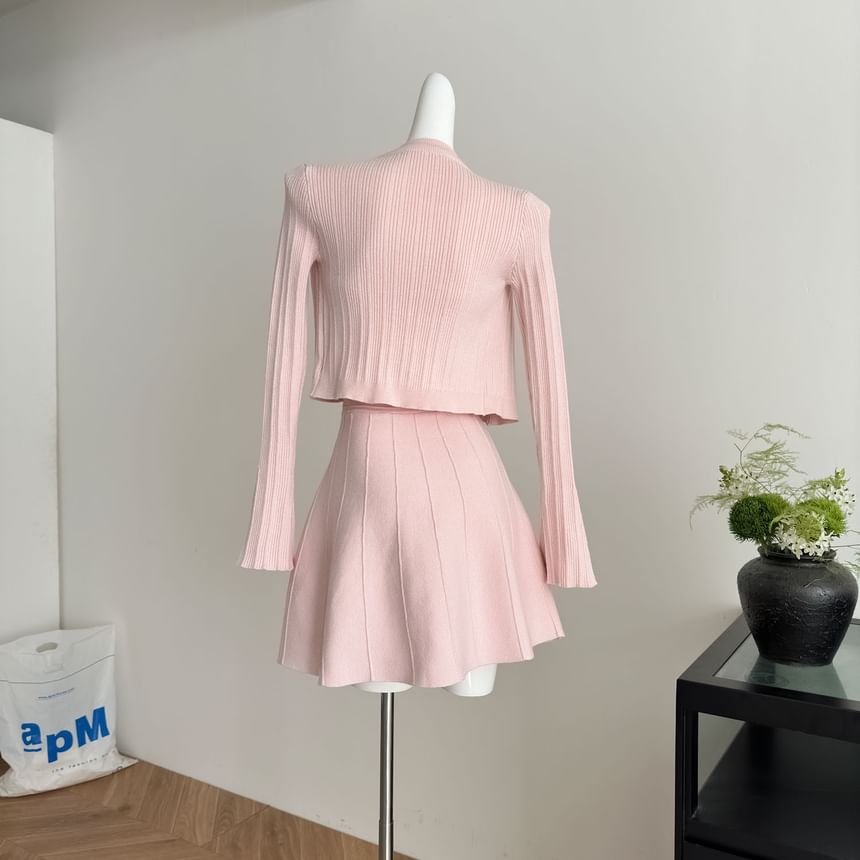 Set: Strapless Button Detail Mini A-Line Knit Dress + Button-Up Cardigan