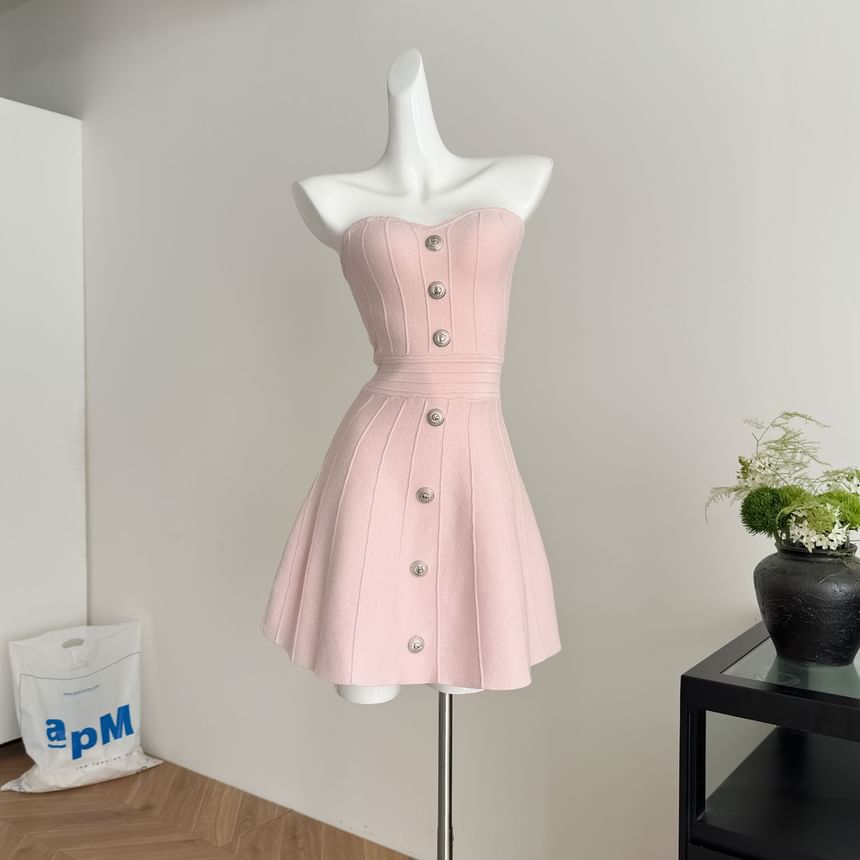Set: Strapless Button Detail Mini A-Line Knit Dress + Button-Up Cardigan