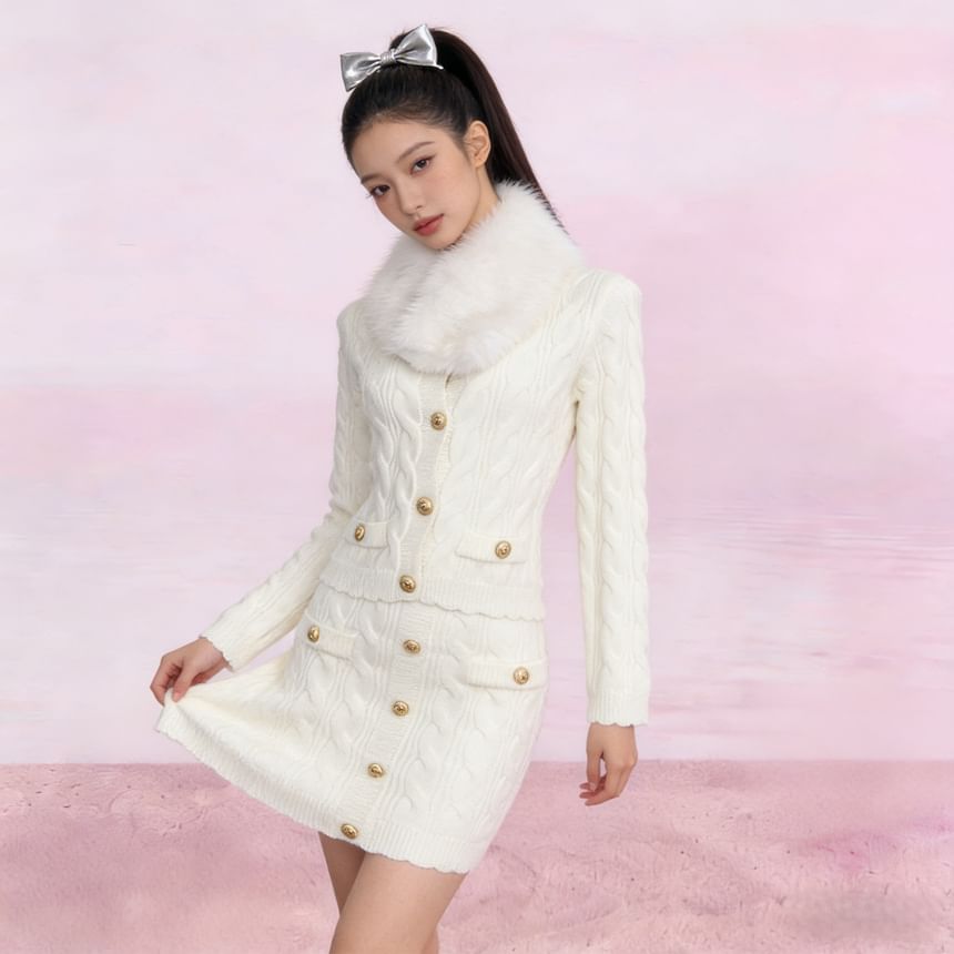 Set: Fluffy Collar V-Neck Button-Up Cardigan + High Waist Mini Knit Skirt