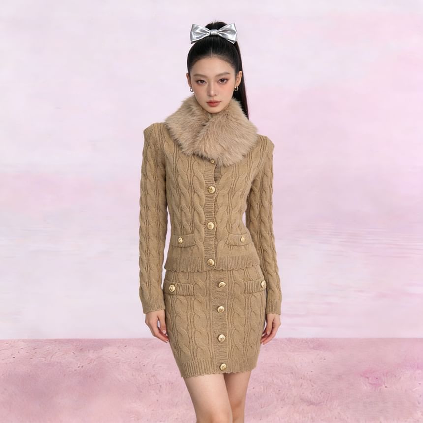 Set: Fluffy Collar V-Neck Button-Up Cardigan + High Waist Mini Knit Skirt