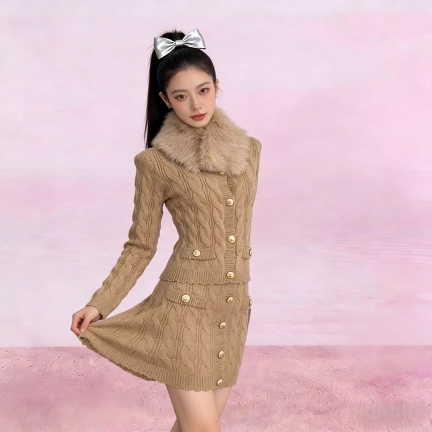 Set: Fluffy Collar V-Neck Button-Up Cardigan + High Waist Mini Knit Skirt