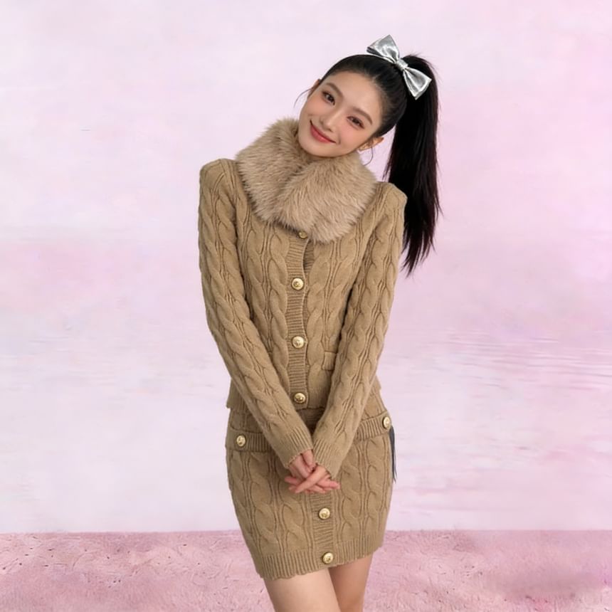 Set: Fluffy Collar V-Neck Button-Up Cardigan + High Waist Mini Knit Skirt