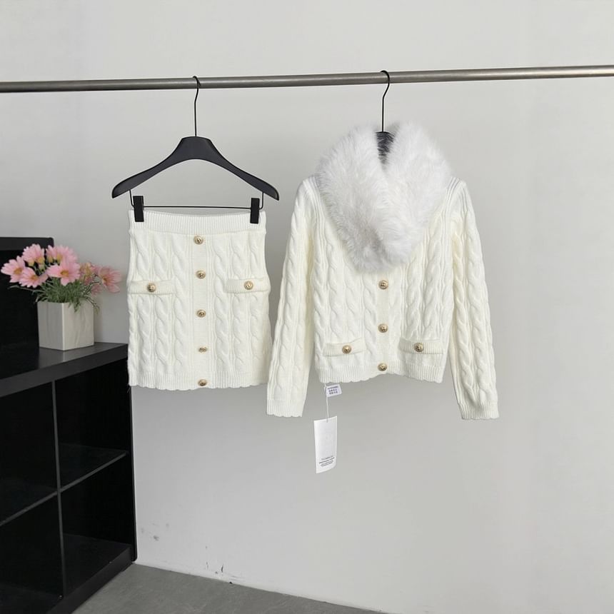 Set: Fluffy Collar V-Neck Button-Up Cardigan + High Waist Mini Knit Skirt