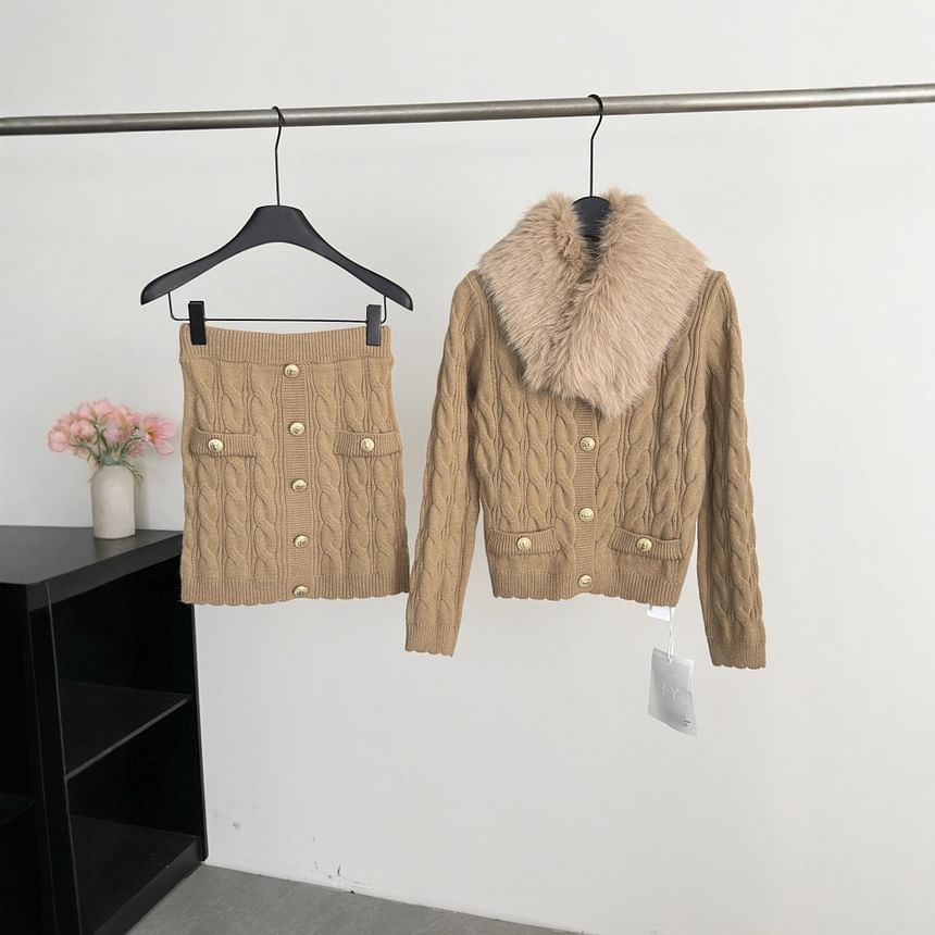 Set: Fluffy Collar V-Neck Button-Up Cardigan + High Waist Mini Knit Skirt