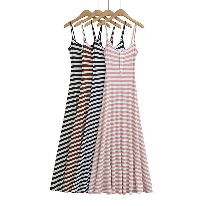 Spaghetti Strap Henley Striped Maxi A-Line Dress