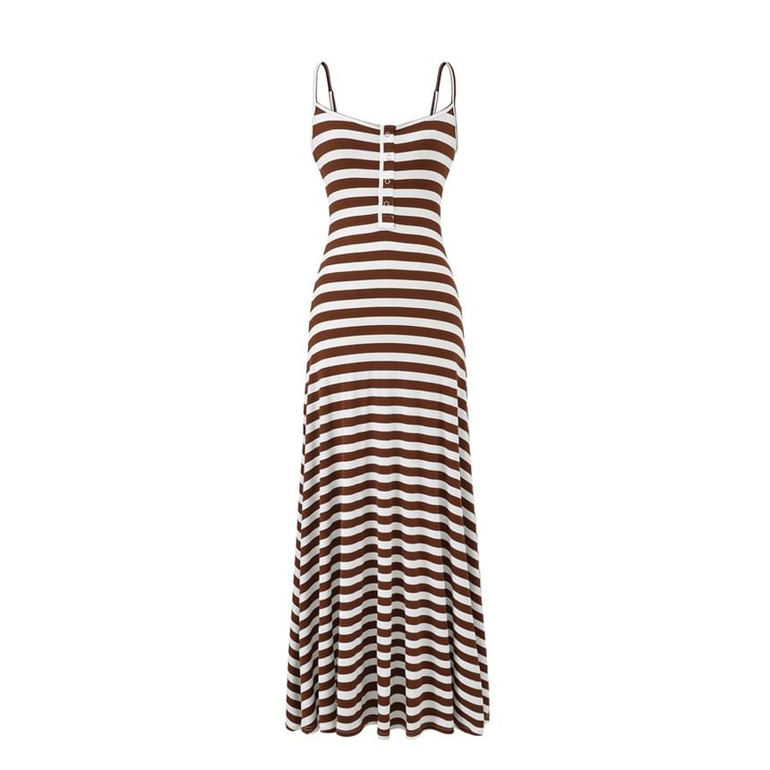 Spaghetti Strap Henley Striped Maxi A-Line Dress